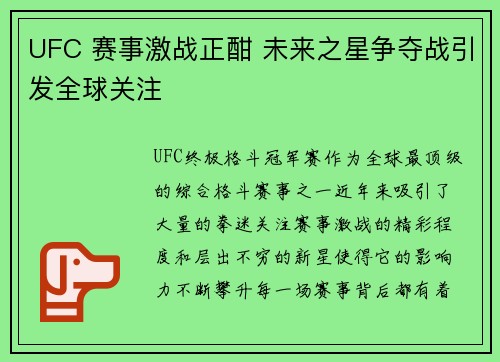 UFC 赛事激战正酣 未来之星争夺战引发全球关注